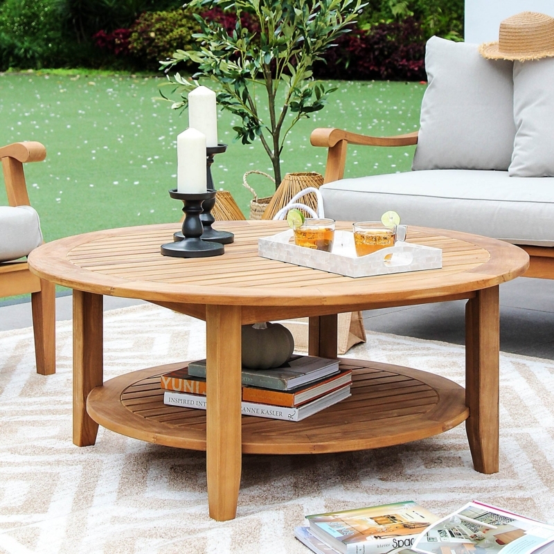 Slatted Wood Garden Coffee Table Round Lower Shelf Honey Brown