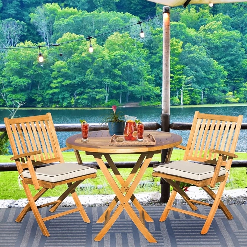 Slatted Wood Patio Dining Set, Folding Round Table & Cushions