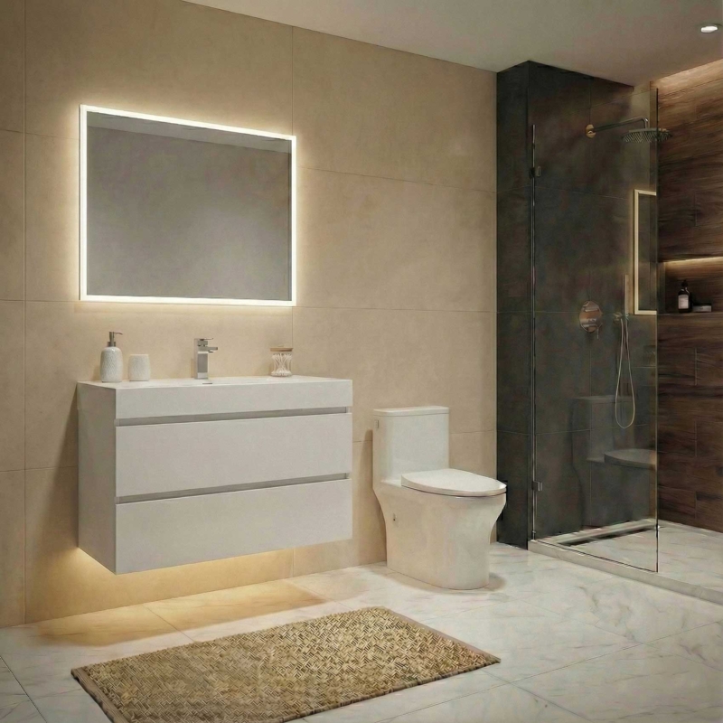 Sleek Floating Vanity with Under-Cabinet Lighting and Gloss Finish