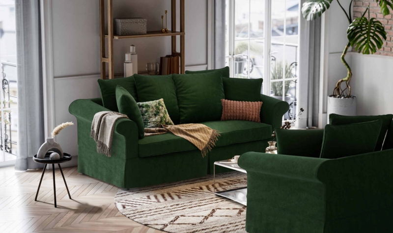 Sleeper Sofa Forest Green Slipcover Skirt Rolled Arms Cozy