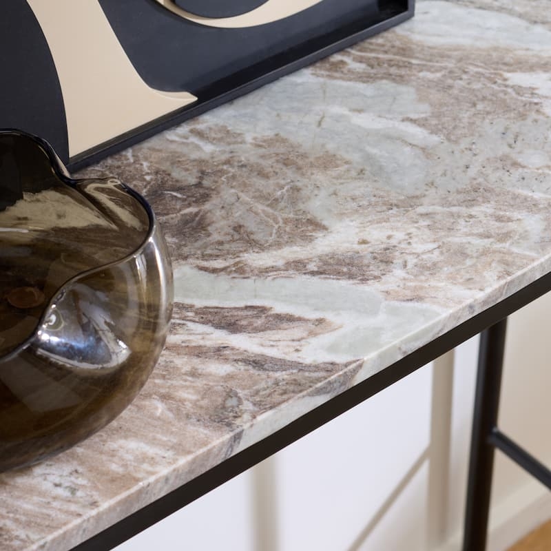 Slim Console Table Brown and Grey Veined Stone Top Metal Frame