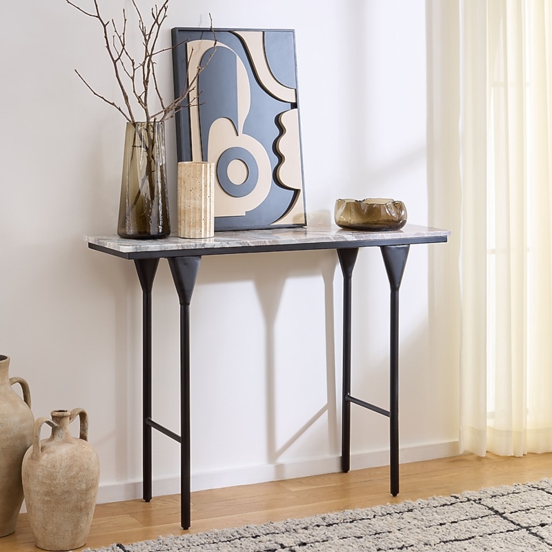 Slim Console Table Veined Stone Top Funnel Shaped Metal Legs