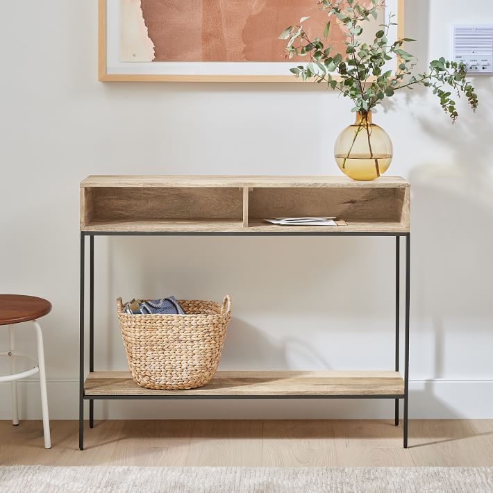 Slim Console Table Wood and Black Metal Divided Top Industrial
