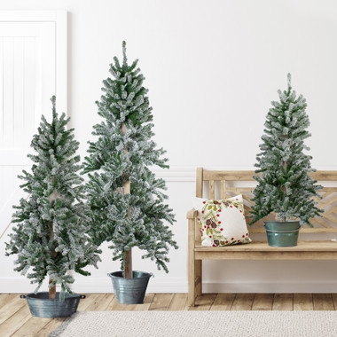 Slim Flocked Christmas Trees in Galvanized Buckets Trio Set