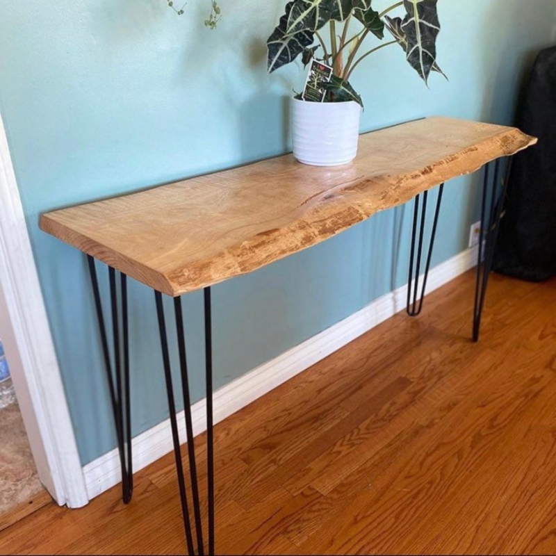 Slim Honey Brown Live Edge Console Table Hairpin