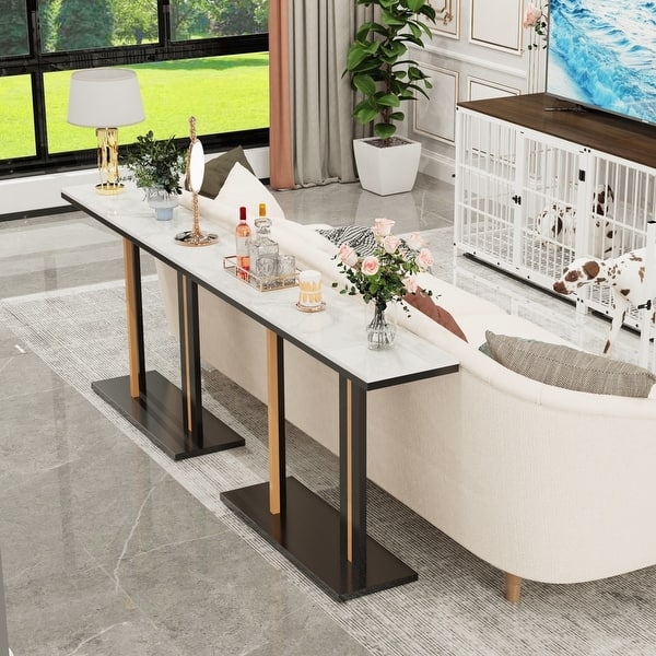 Slim Sofa Console Table White Stone Look Black and Gold Legs
