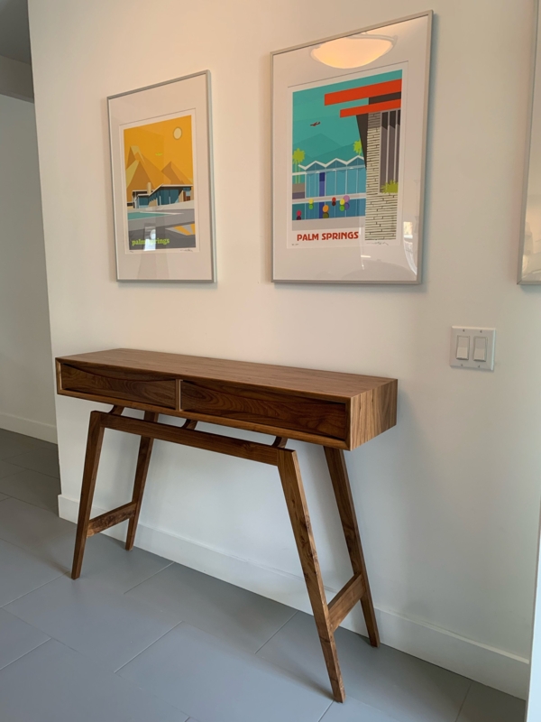 Slim Walnut Console Table with Storage Drawers Splayed Legs