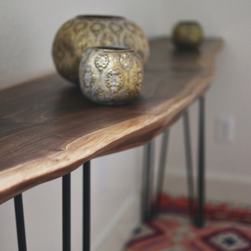 Slim Walnut Live Edge Console Table Metal Legs