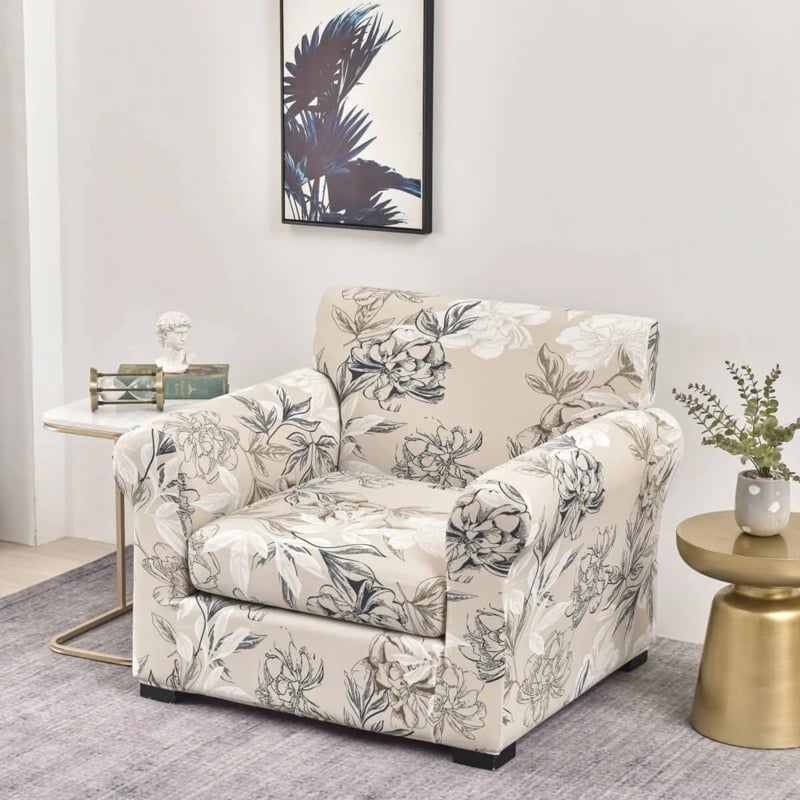 Slipcover for T Cushion Armchair Floral Botanical Print Beige