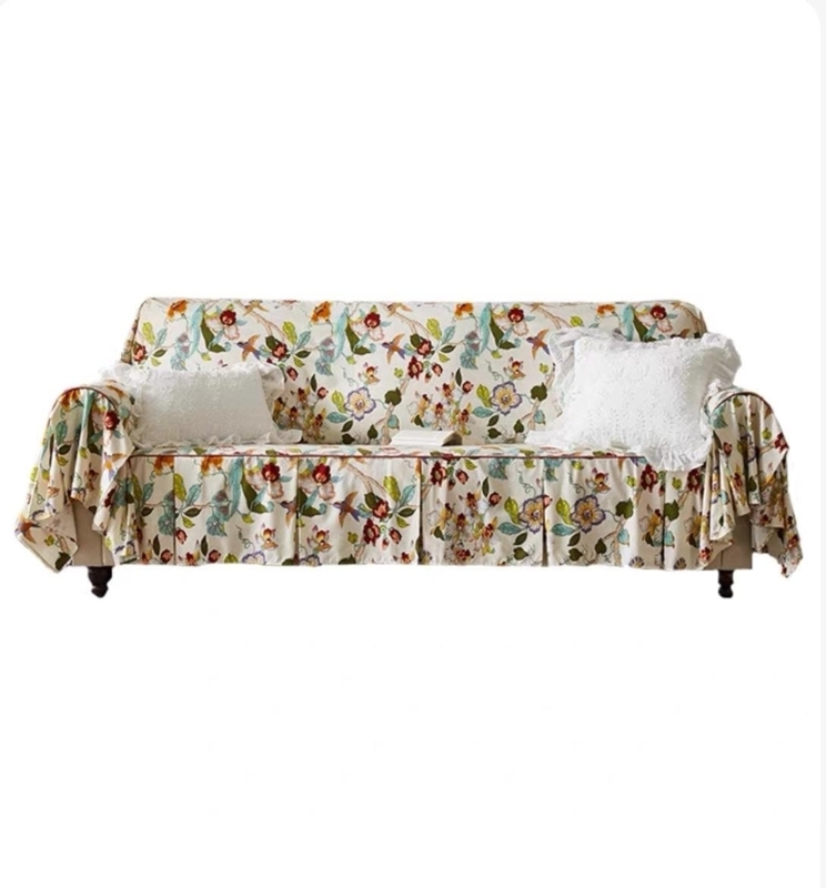 Slipcover Ruffled Kick Skirt Contrasting Piping Bird Floral, Cottagecore Style