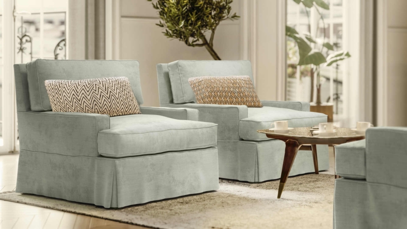 Slipcovered Armchair Seafoam Green Skirted Base Coastal Style
