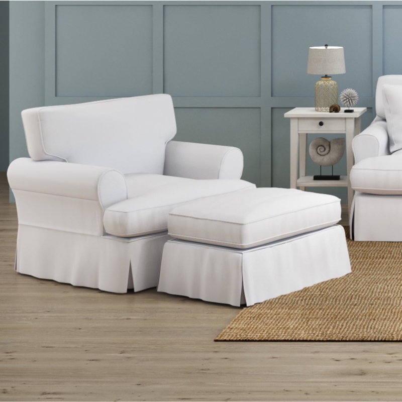 Slipcovered Chair Set White Coastal Cottage Matching Ottoman Pleated
