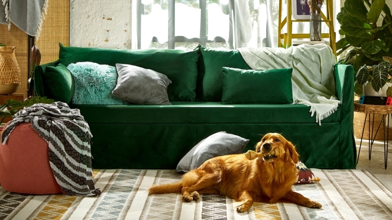 Slipcovered Sofa Forest Green Velvet Skirted Base Bohemian