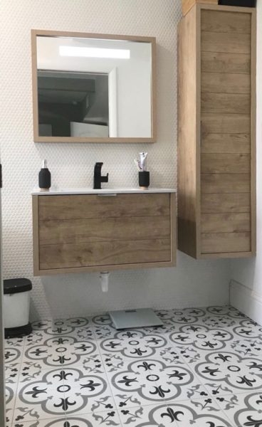 Small Bathroom Design: Floating Wood Vanity & Bold Floor Pattern