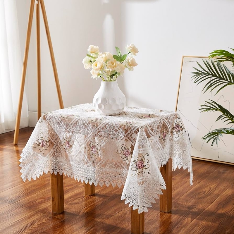 Small Lace Tablecloth with Floral Embroidery and Scalloped Edges