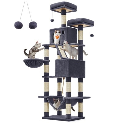 Smoky Gray Multi-Level Cat Tree with Integrated Scratching Ramp
