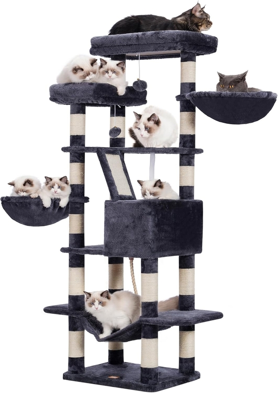 Smoky Gray Plush Cat Tree 68 Inch Multi-Level