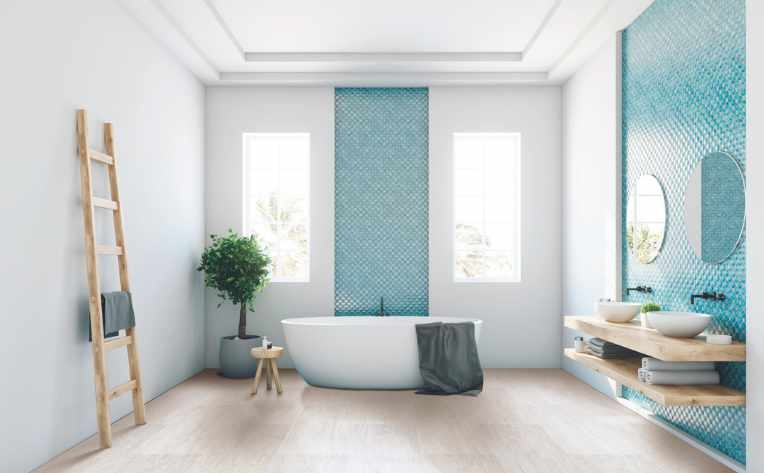 Soaking Tub Freestanding Turquoise Scale Tiles Wood Vanity