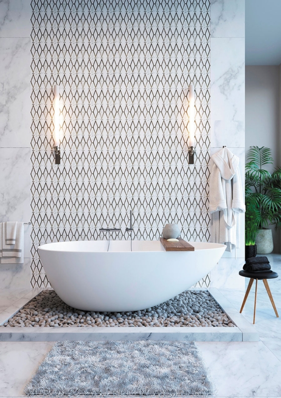 Soaking Tub Luxury Oval Shape River Rock Bed Diamond Mosaic Wall