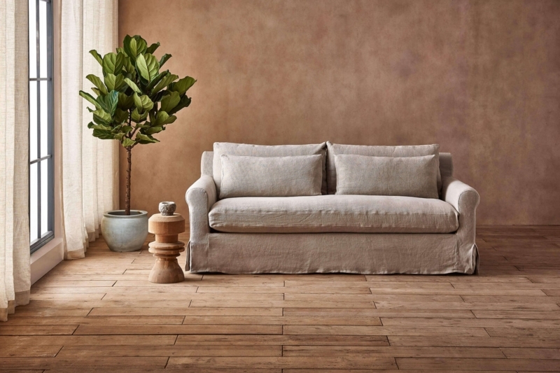 Sofa Beige Linen-Like Slipcovered Rolled Arms Organic Modern
