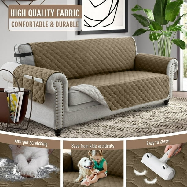 Sofa Cover Taupe Quilted Pattern Side Pockets Non-Slip Loveseat
