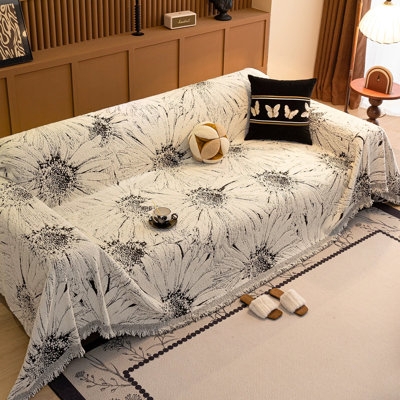 Sofa Cover Throw Monochrome Sunflower Print Fringed Edge Bohemian Woven