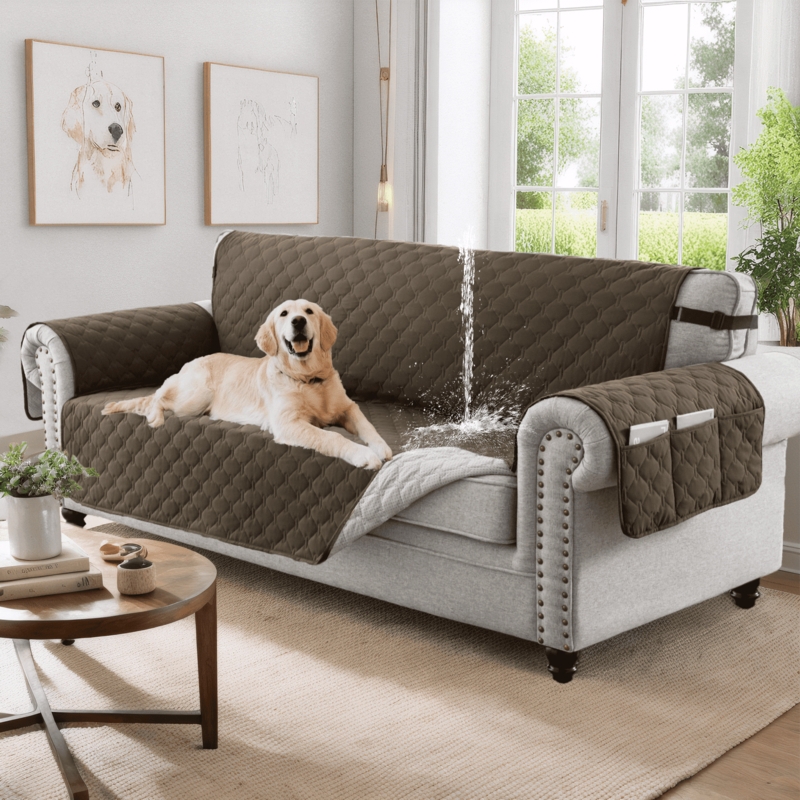 Sofa Cover Waterproof Brown Quilted Pattern Storage Pockets