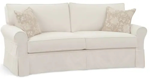 Sofa Cream Slipcovered Rolled Arms Skirted Base Floral Accents