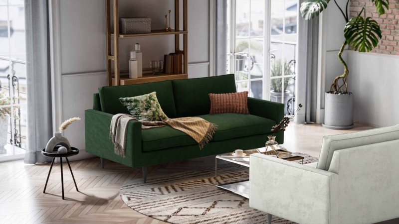 Sofa Forest Green Mid-Century Tapered Legs Upholstered