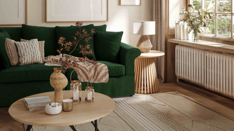 Sofa Forest Green Slipcovered Rolled Arms Linen-Like Organic