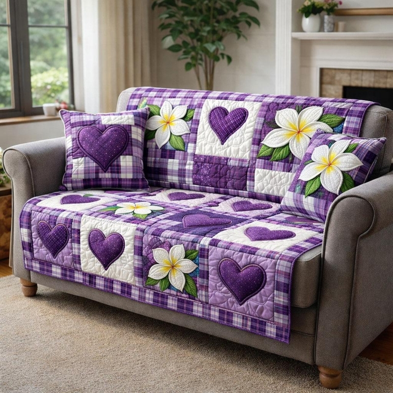 Sofa Protector Cover Quilted Patchwork Purple Heart Floral Applique
