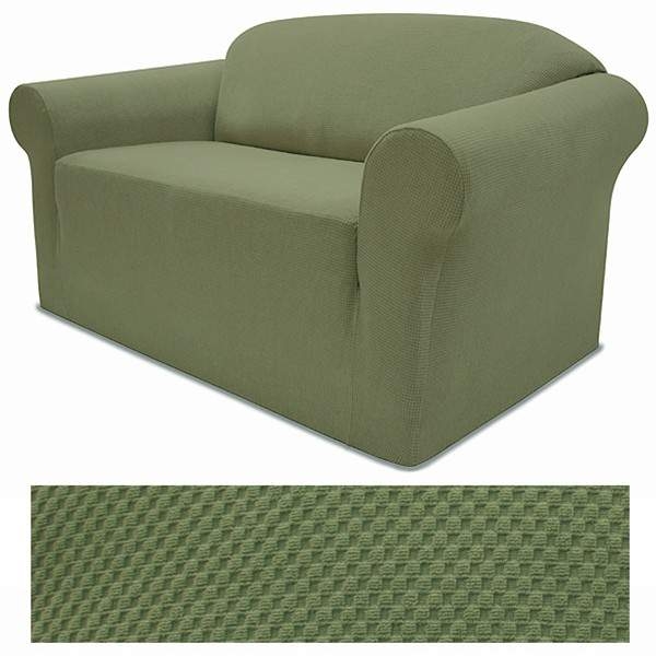 Sofa Slipcover Balsam Green Pique Texture Stretch Fit Rolled Arm