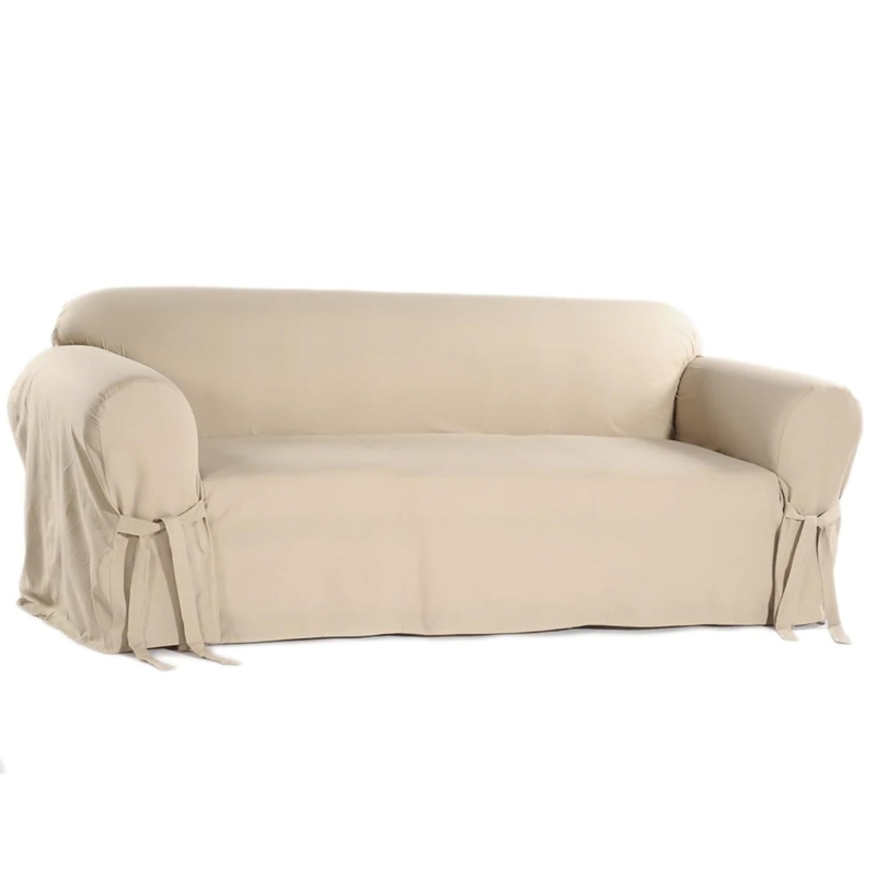 Sofa Slipcover Beige Ribbon Ties Rolled Arm Fit Cottage