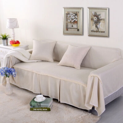 Sofa Slipcover, Beige Woven Fabric, Ruffled Valance Hem, Cottagecore