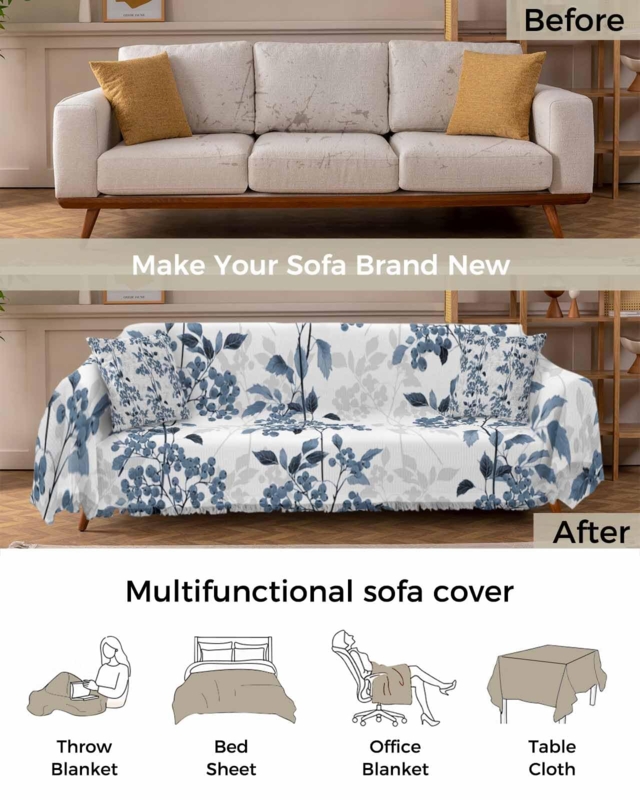 Sofa Slipcover Blue Botanical Fruit Pattern Multifunctional Fringed Throw