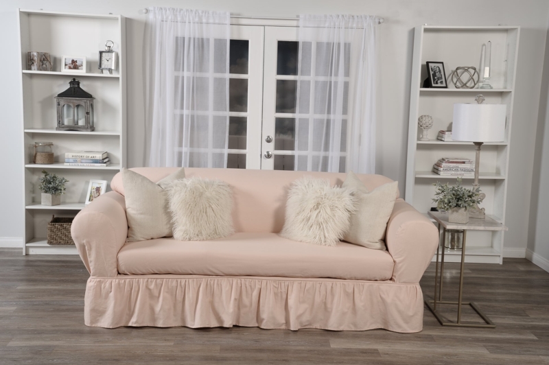 Sofa Slipcover Blush Pink Fabric Ruffled Skirt Cottage