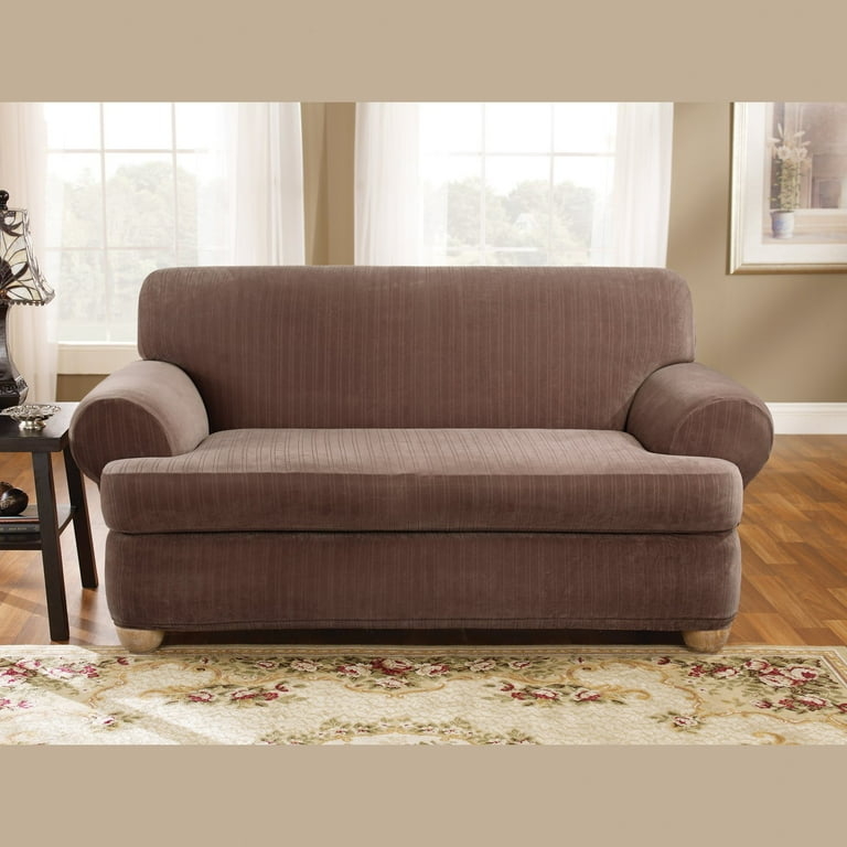 Sofa Slipcover Brown Pinstriped Stretch Fit Rolled Arms Traditional