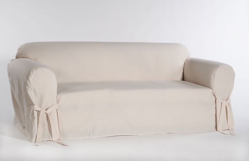 Sofa Slipcover, Brushed Twill Fabric, Ribbon Ties, Rounded Arm Fit