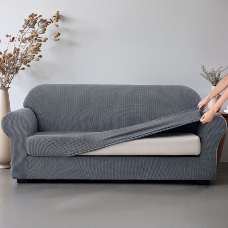 Sofa Slipcover Charcoal Gray Waffle Texture Stretch-To-Fit