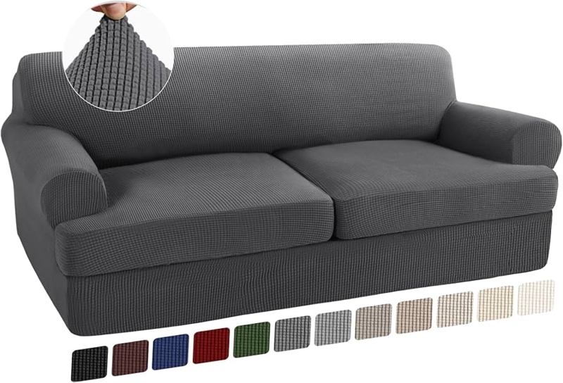 Sofa Slipcover Charcoal Gray Waffle Weave Stretch Tailored Fit