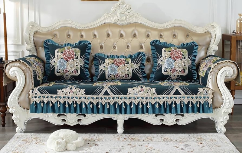 Sofa Slipcover Dark Green Chenille Jacquard Ruffled Fringe, Ornate Floral Style