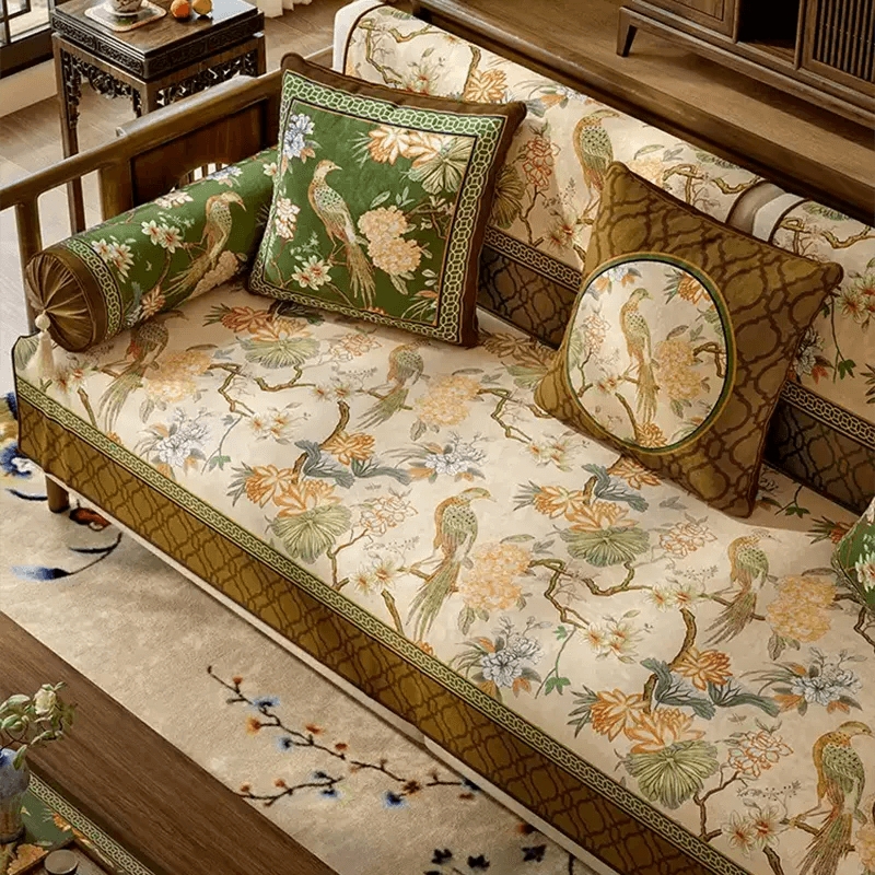 Sofa Slipcover Emerald Green Chinoiserie Bird Motif Tasseled Bolster, Vintage