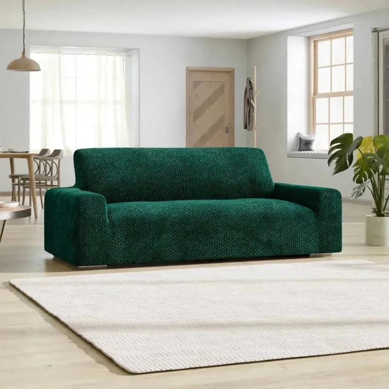 Sofa Slipcover Emerald Green Waffle Texture Stretch Fit Modern