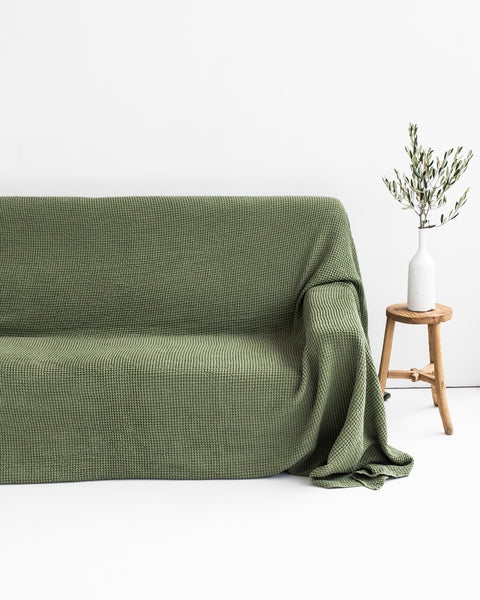 Sofa Slipcover Forest Green Waffle Weave Linen Like Draped Hem
