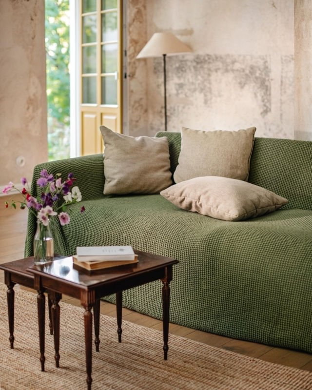 Sofa Slipcover Forest Green Waffle Weave Linen Look Rustic
