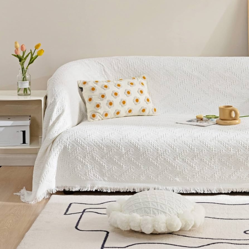 Sofa Slipcover Geometric Weave Fringed Knit White