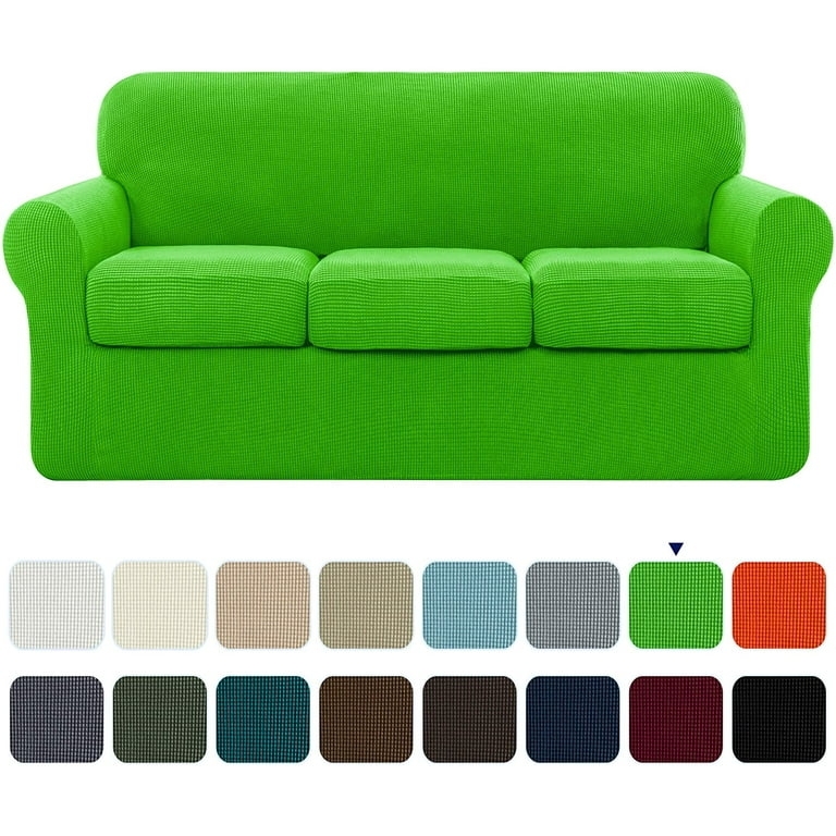 Sofa Slipcover Grass Green Textured Grid Separate Cushions 4-Piece