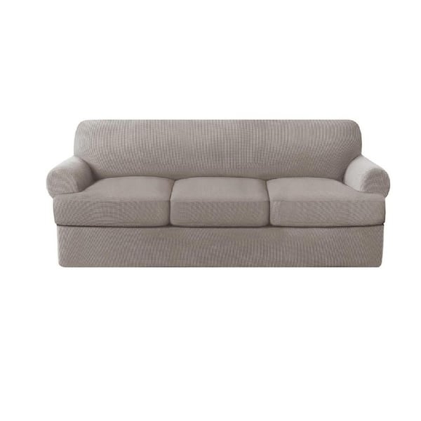 Sofa Slipcover Gray Rolled Arms Grid Pattern T-Cushion Update