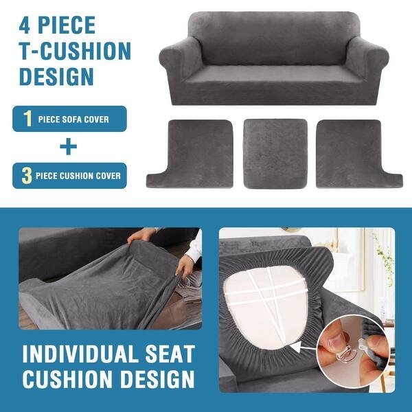 Sofa Slipcover Gray Velvet Textured 4-Piece Set T-Cushion