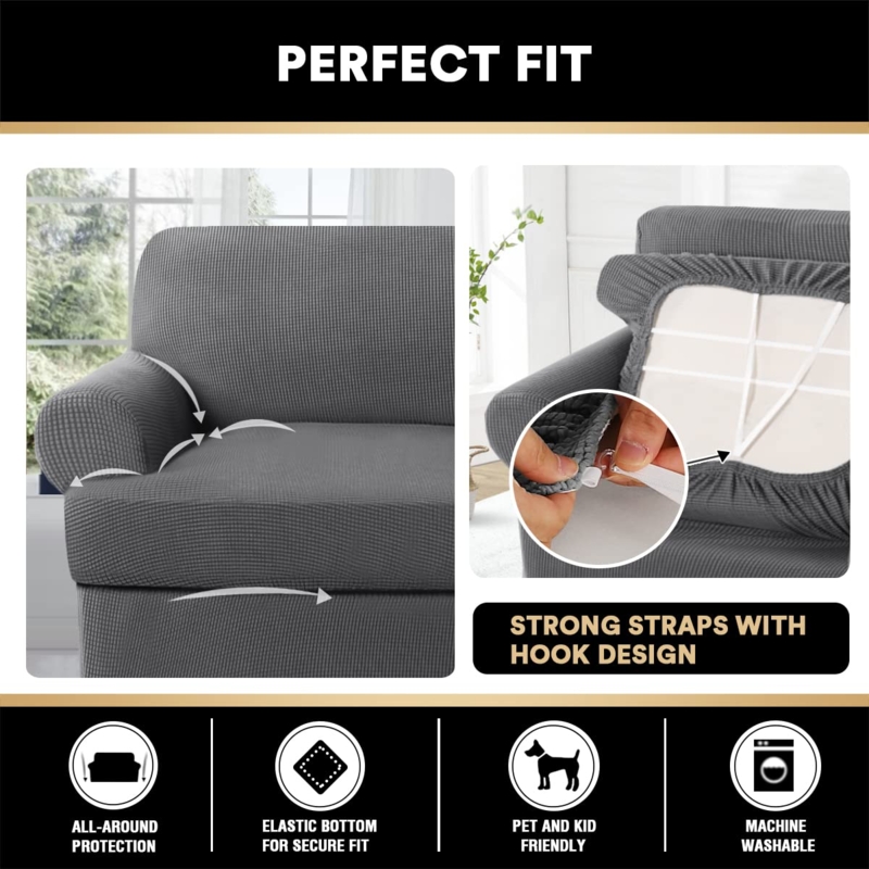 Sofa Slipcover Grey Hook Straps Grid Texture Secure Fit